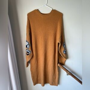 Cozy Mustard Sweater Dress with Floral Sleeves. Anthropology ‘The Odell’s’.